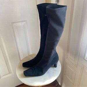 Black Stretch Knee-High Boots – Square Toe, Low Heel – Made in Italy Sole